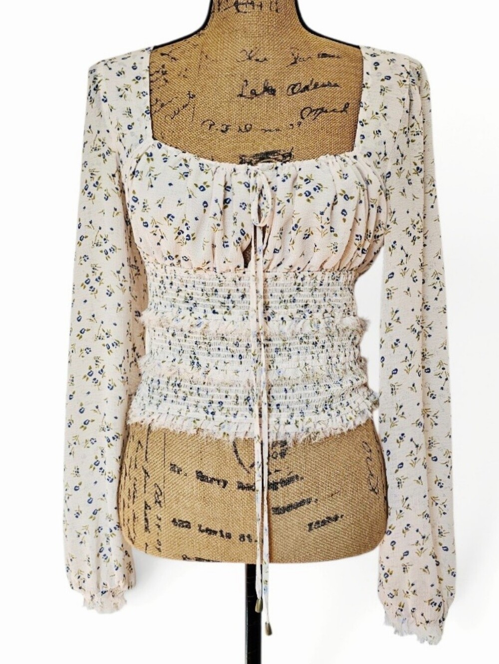 Free People Fairy Cottagecore Cream Floral Smocked Square-Neck Ruffle Hem Top, S